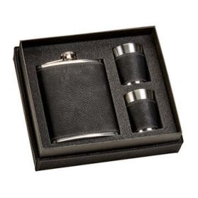 Leatherette Boxed Flask Set, 8 Oz Flask And 2 Shot Glasses, Black