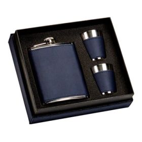 Leatherette Boxed Flask Set, 8 Oz Flask And 2 Shot Glasses, Navy