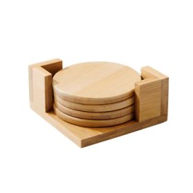 Set Of 4 Bamboo Wood 4" Round Coasters With Bamboo Wood Stand