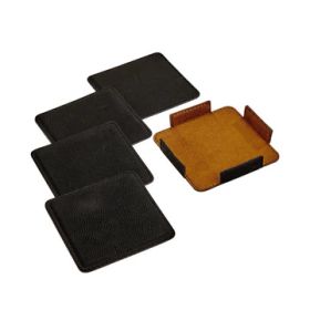 Set Of 4 Leatherette Coasters With Holder, Black 3.75" Sq