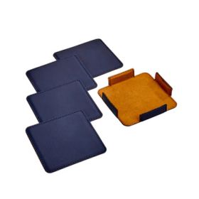 Set Of 4 Leatherette Coasters With Holder, Navy 3.75" Sq