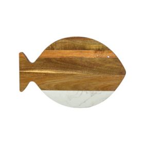 White Marble/Acacia Wood Fish 7.75" x 11.75"