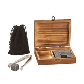 Wood Box W/tongs, 9 Whiskey Stones & Pouch