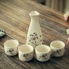 5 Pcs Traditional Ceramic Mini Japanese Sake Set Wine Cup Wine Pot,Lotus