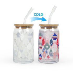 Christmas Gift Single Layer Cold Color Changing Bamboo Joint Cover Tape Straw Glass Water Cup (Option: Coke Can Christmas Ball-470ml)