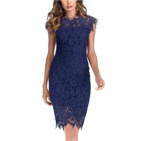 Women's Sleeveless Lace Floral Elegant Cocktail Dress Crew Neck Knee Length for Party (Color: Navy blue, size: L)