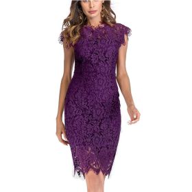 Women's Sleeveless Lace Floral Elegant Cocktail Dress Crew Neck Knee Length for Party (Color: Purple, size: XL)