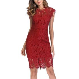 Women's Sleeveless Lace Floral Elegant Cocktail Dress Crew Neck Knee Length for Party (Color: Red, size: S)