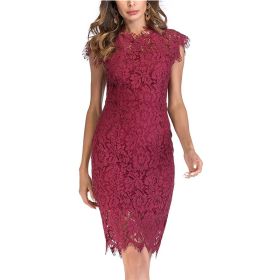 Women's Sleeveless Lace Floral Elegant Cocktail Dress Crew Neck Knee Length for Party (Color: wine red, size: XXL)