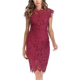 Women's Sleeveless Lace Floral Elegant Cocktail Dress Crew Neck Knee Length for Party (Color: wine red, size: L)