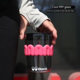 Cartoon N-shaped Set Electroplated High Borosilicate Glass Cup With Straw (Option: Rose Red-400ML)